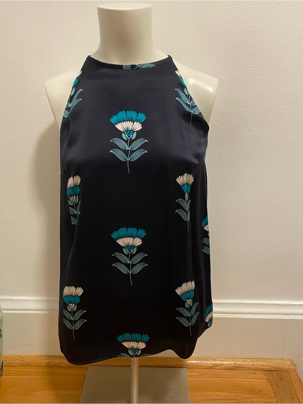 Ann Taylor Black Halter Camisole with Teal and White Floral Motif